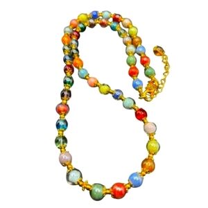 MURANO Glass Bead Necklace Multicolor With Gold Accents Made In Italy